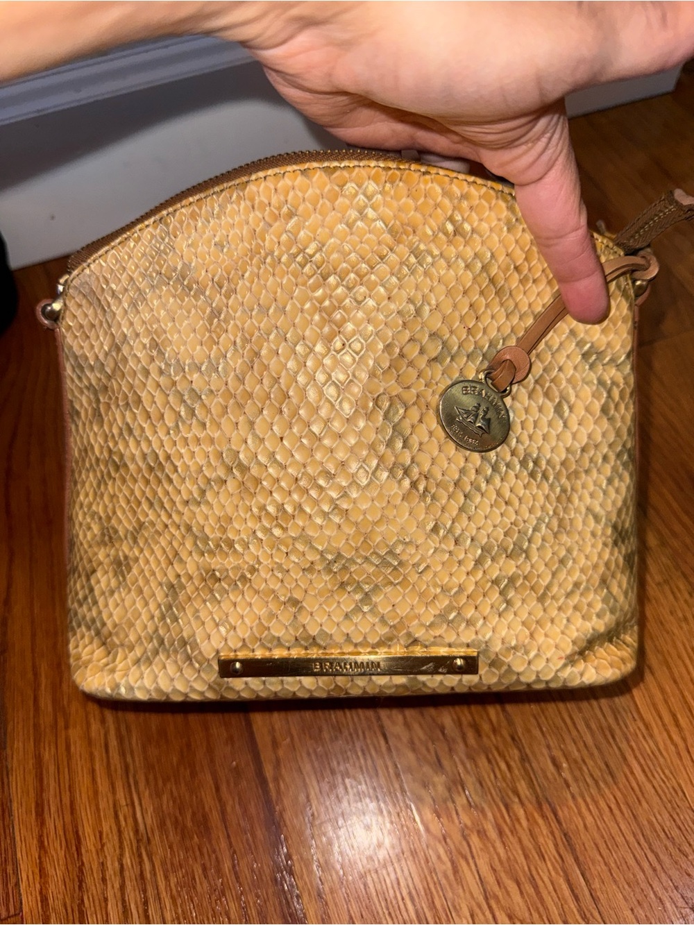 Brahmin Mini Duxbury Crossbody Beige Yellow Parker Snake embossed print pattern